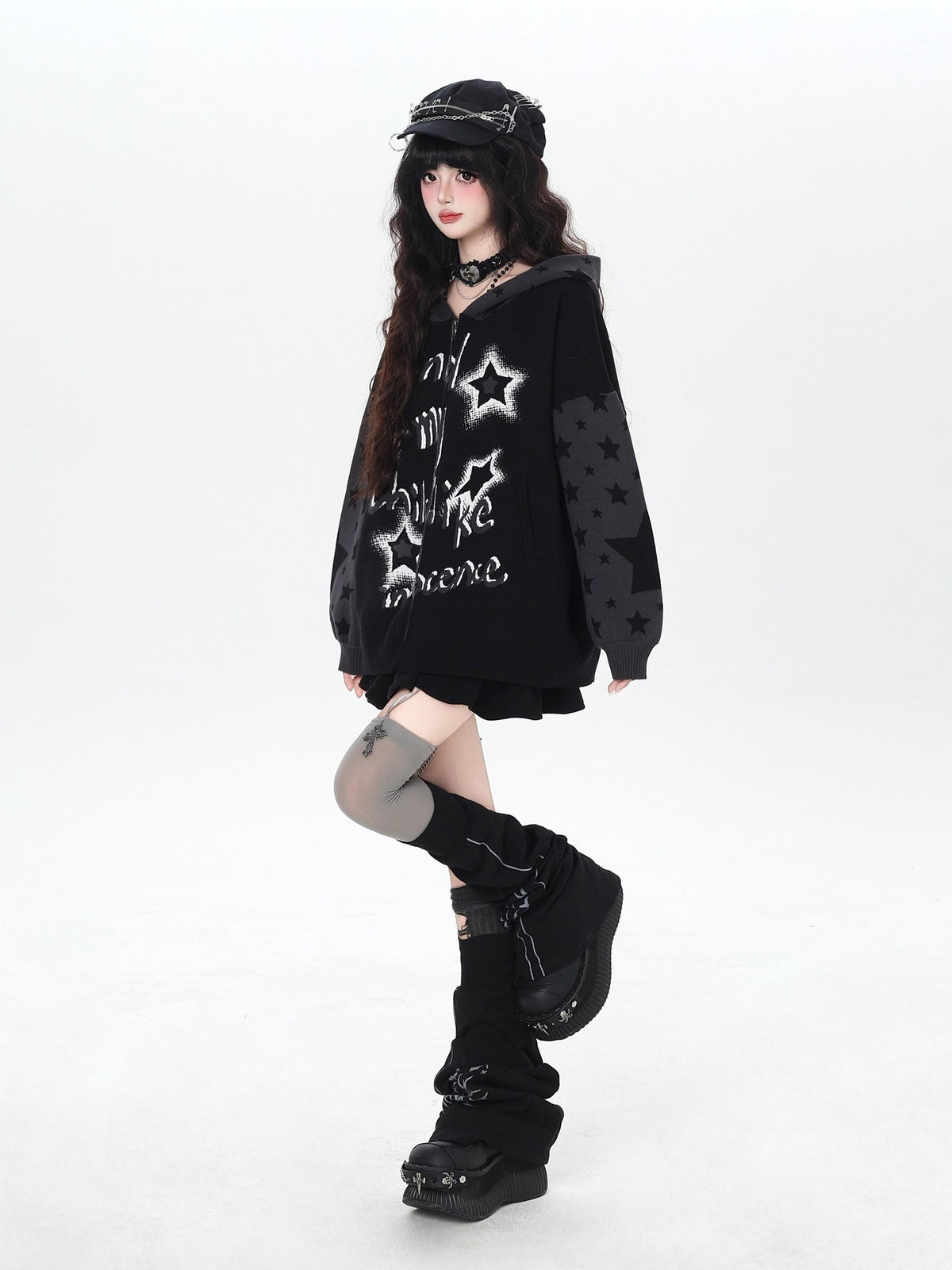 CRAZYGIRL Gothic Hooded Lantern Sleeve Loose Zip Up Women&