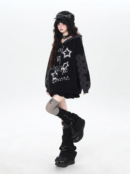 CRAZYGIRL Gothic Hooded Lantern Sleeve Loose Zip Up Women&