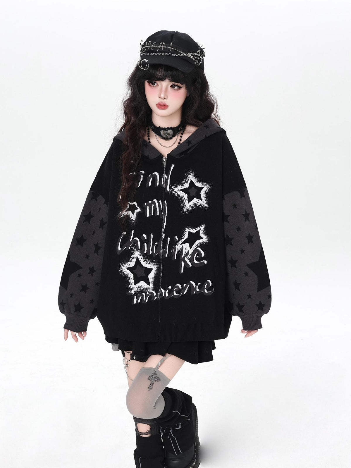 CRAZYGIRL Gothic Hooded Lantern Sleeve Loose Zip Up Women&
