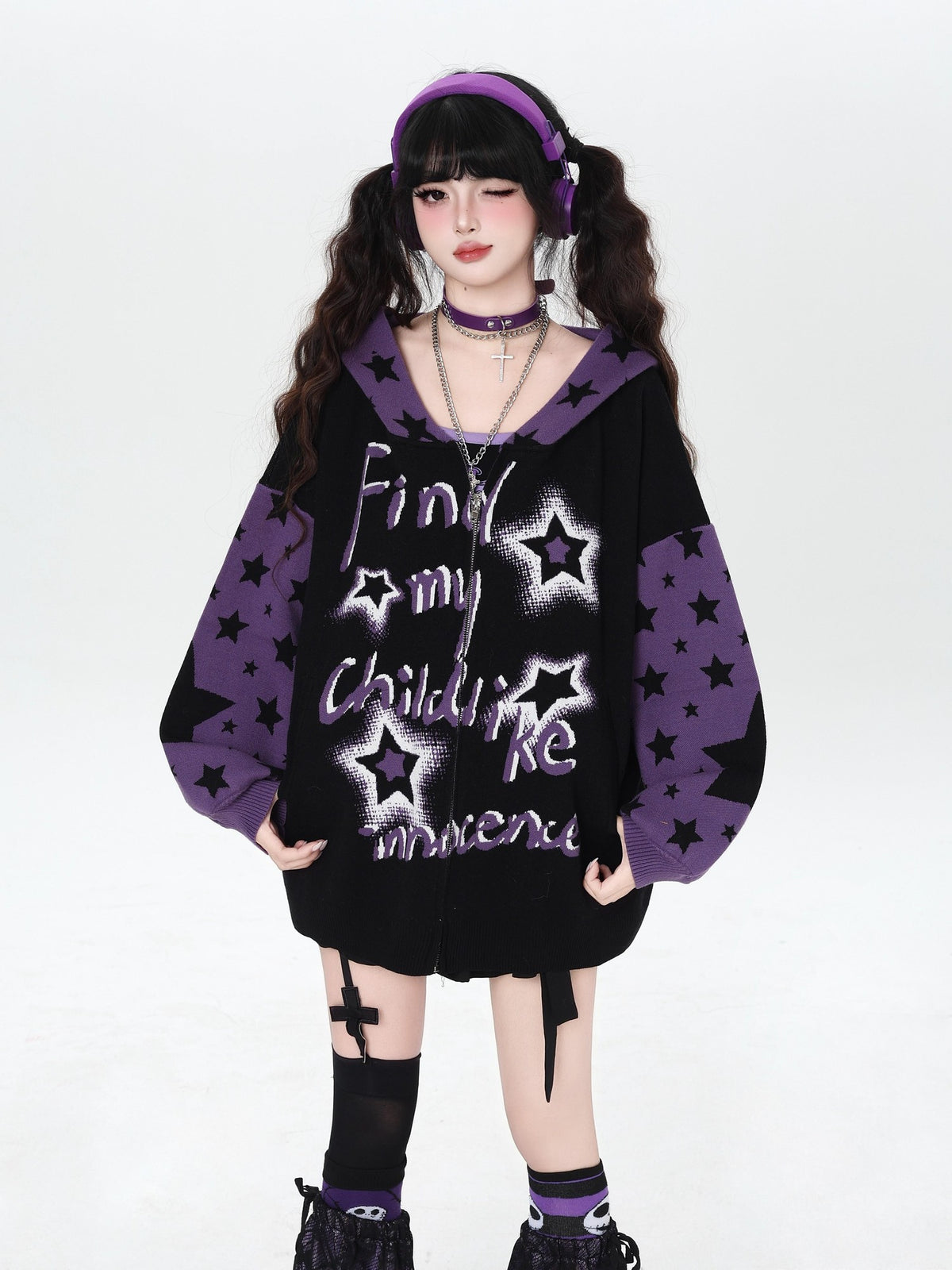 CRAZYGIRL Gothic Hooded Lantern Sleeve Loose Zip Up Women&