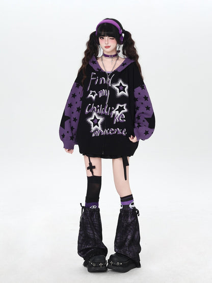 CRAZYGIRL Gothic Hooded Lantern Sleeve Loose Zip Up Women&