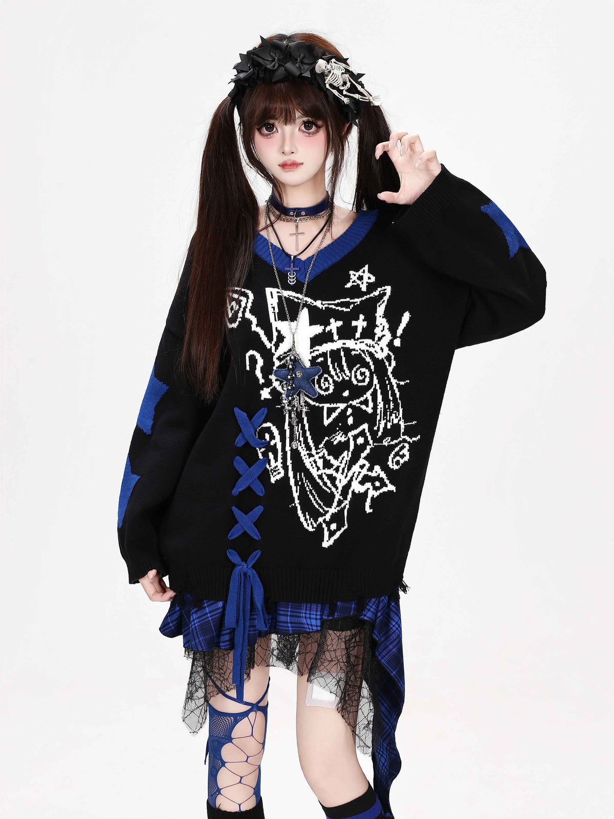 CRAZYGIRL_Gothic_Lace_Up_V-neck_Long_Sleeve_Knit_Loose_Women&