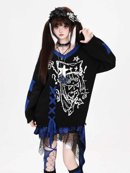CRAZYGIRL_Gothic_Lace_Up_V-neck_Long_Sleeve_Knit_Loose_Women&
