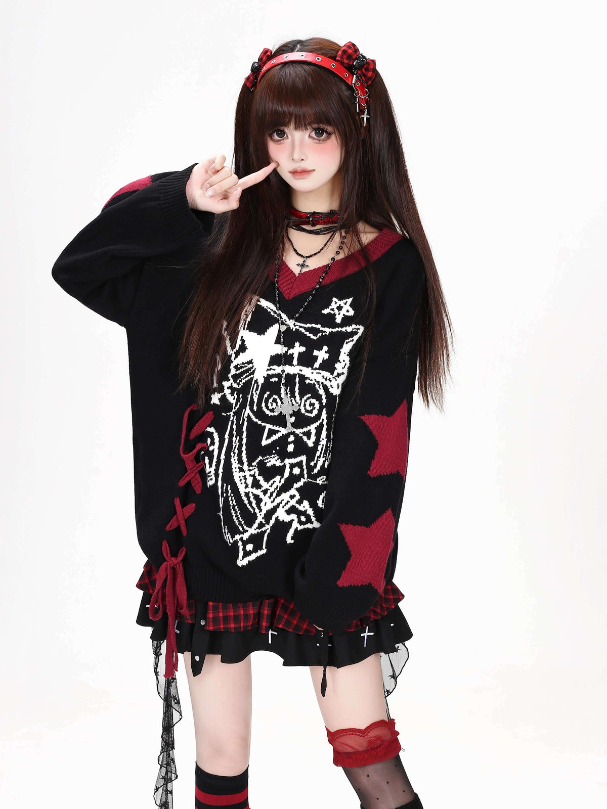 CRAZYGIRL_Gothic_Lace_Up_V-neck_Long_Sleeve_Knit_Loose_Women&