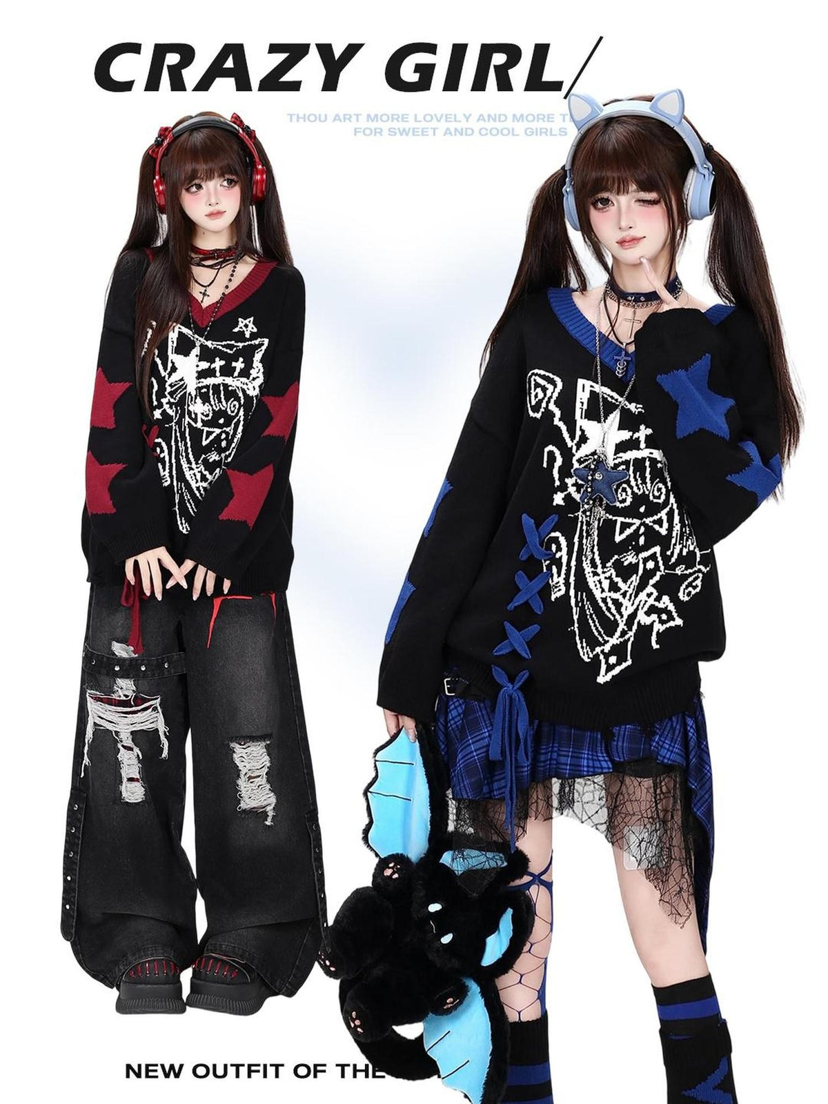 CRAZYGIRL Gothic Lace Up V-neck Long Sleeve Knit Loose Women&