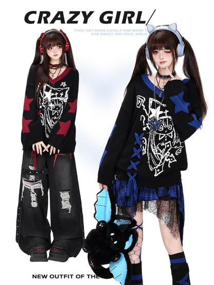 CRAZYGIRL Gothic Lace Up V-neck Long Sleeve Knit Loose Women&