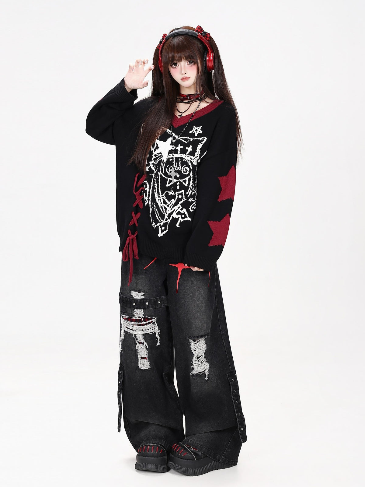 CRAZYGIRL Gothic Lace Up V-neck Long Sleeve Knit Loose Women&
