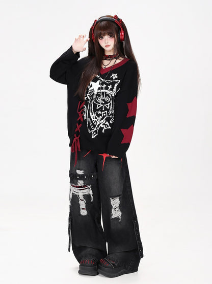CRAZYGIRL Gothic Lace Up V-neck Long Sleeve Knit Loose Women&
