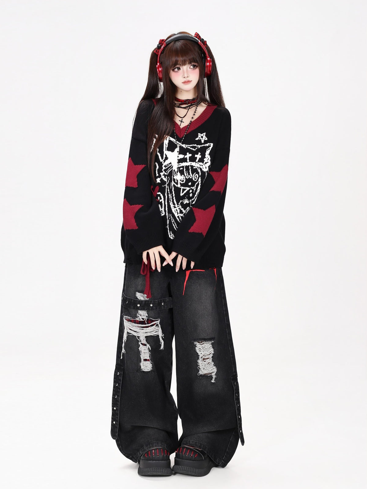 CRAZYGIRL Gothic Lace Up V-neck Long Sleeve Knit Loose Women&
