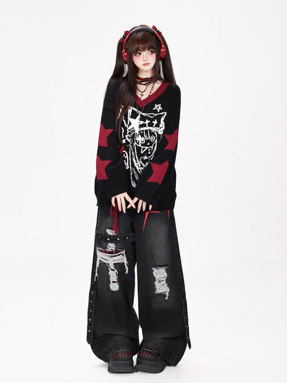 CRAZYGIRL Gothic Lace Up V-neck Long Sleeve Knit Loose Women&