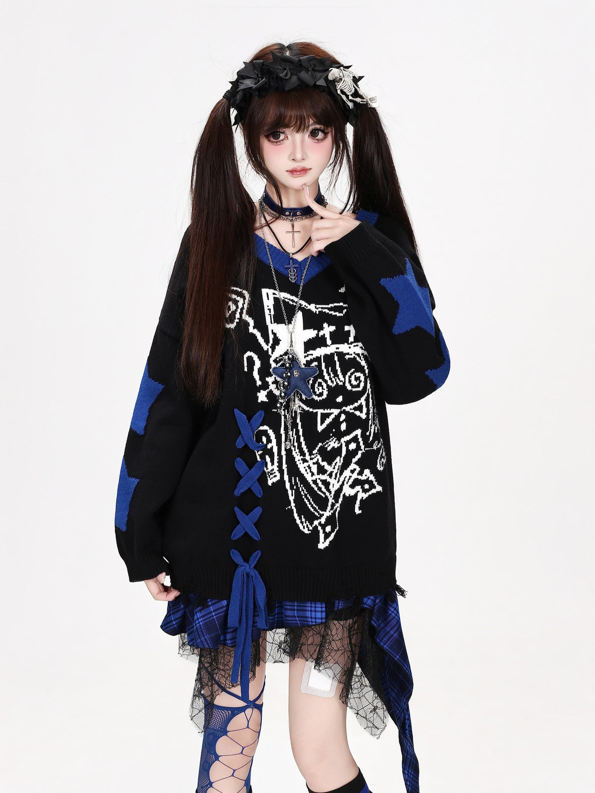CRAZYGIRL Gothic Lace Up V-neck Long Sleeve Knit Loose Women&