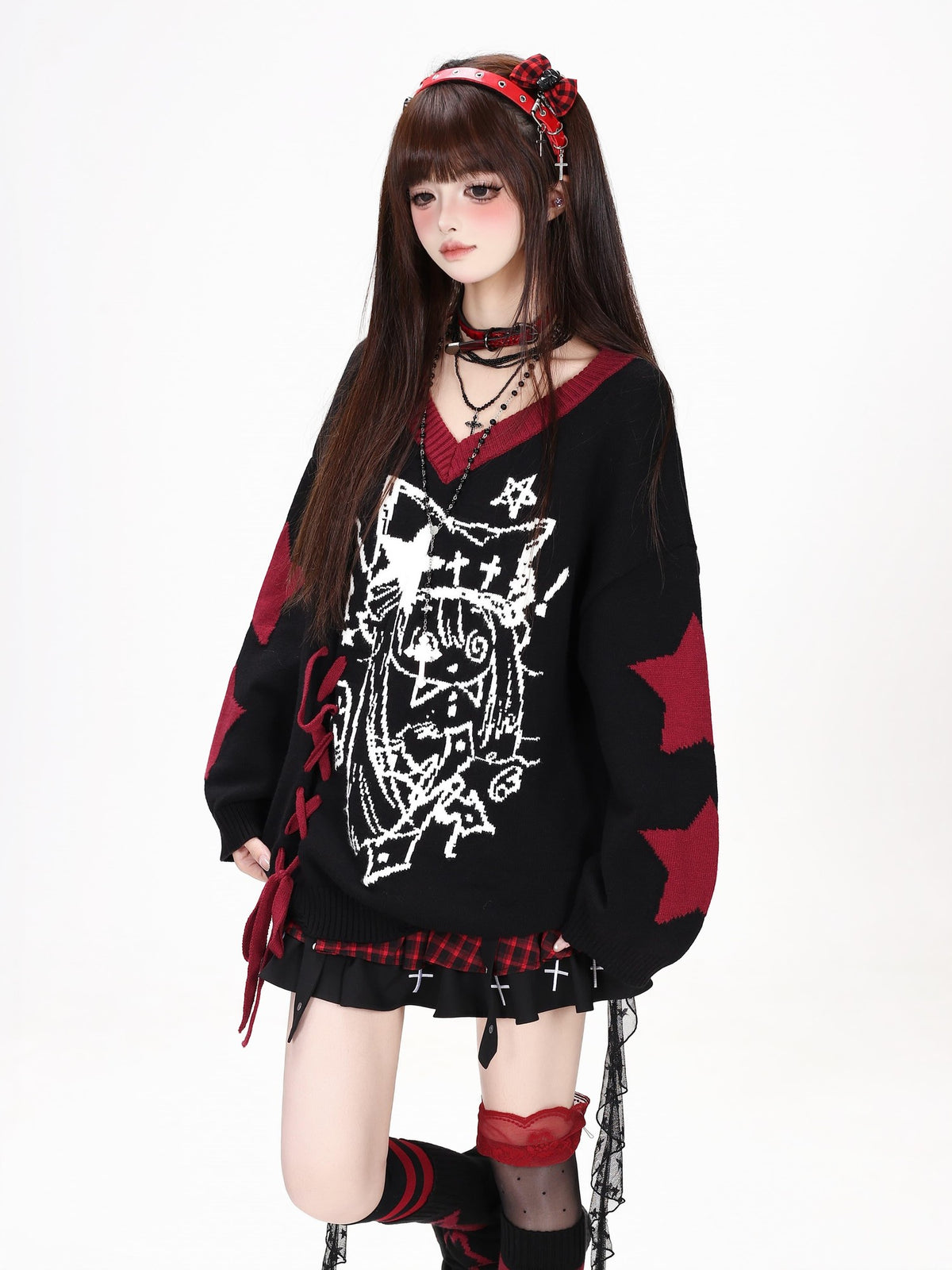 CRAZYGIRL Gothic Lace Up V-neck Long Sleeve Knit Loose Women&