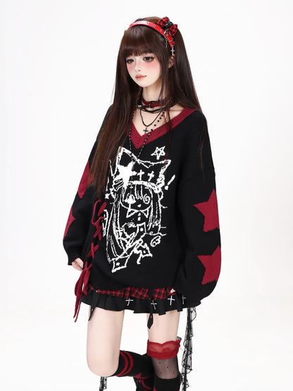CRAZYGIRL Gothic Lace Up V-neck Long Sleeve Knit Loose Women&
