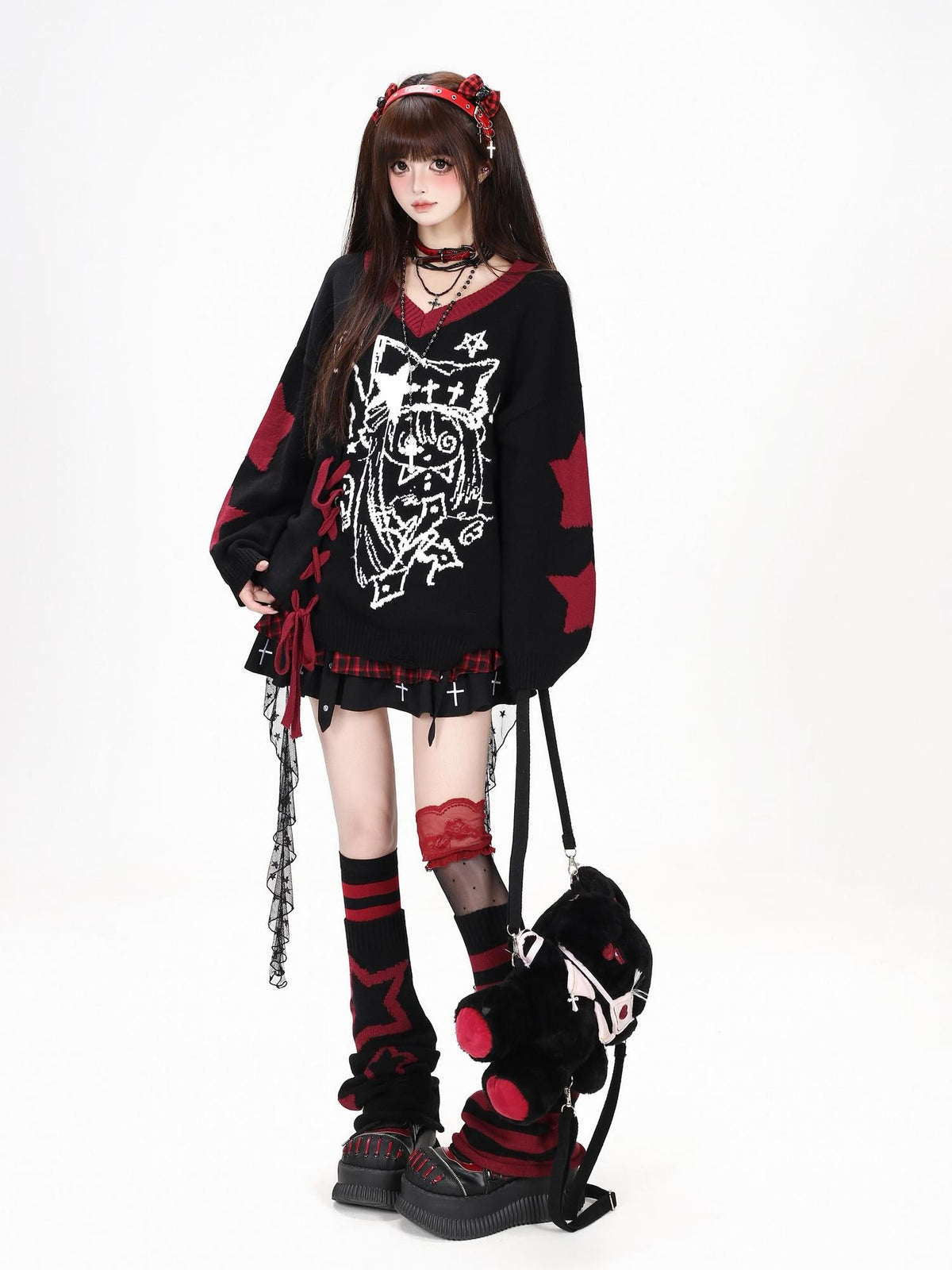 CRAZYGIRL Gothic Lace Up V-neck Long Sleeve Knit Loose Women&