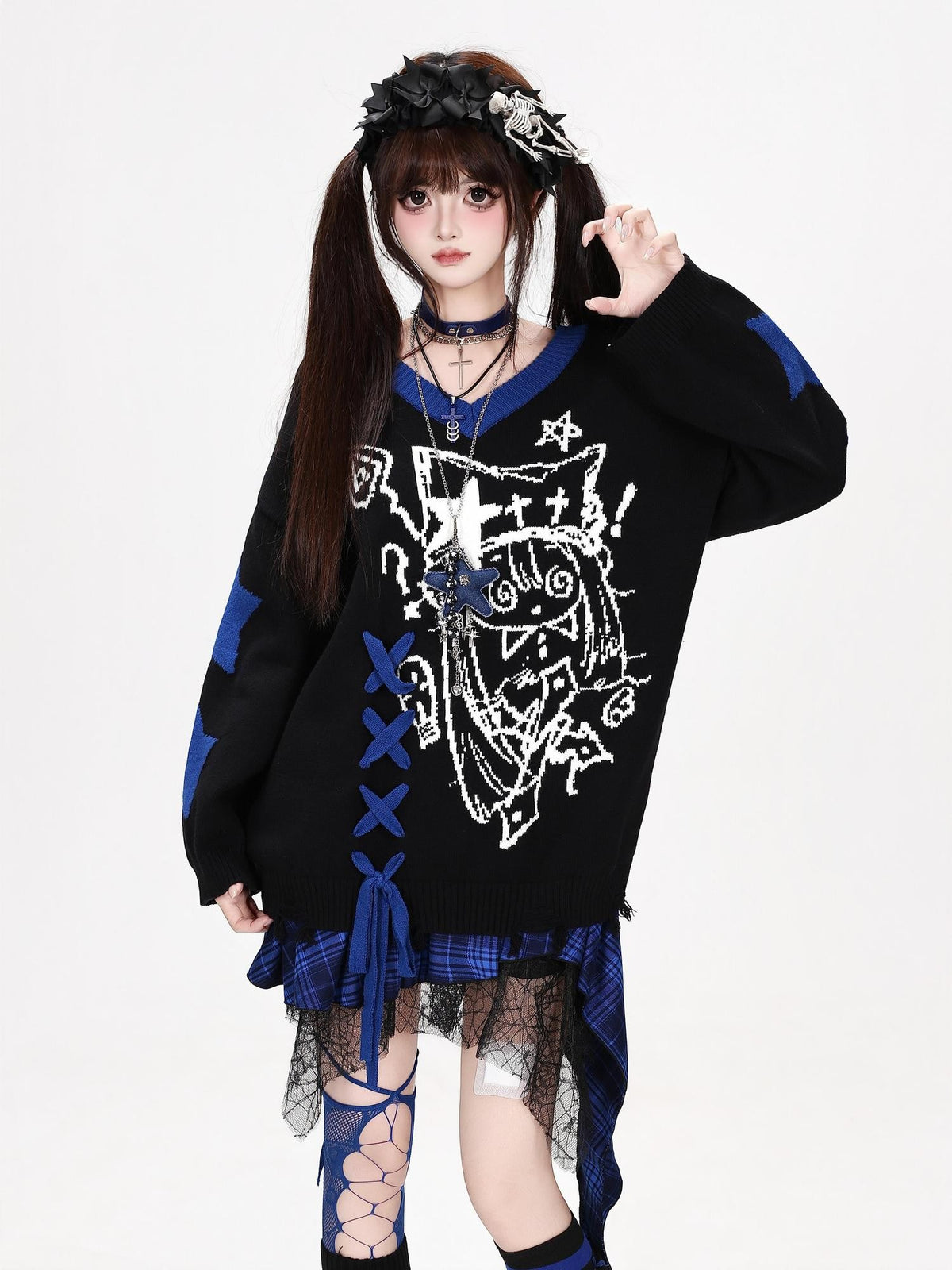 CRAZYGIRL Gothic Lace Up V-neck Long Sleeve Knit Loose Women&