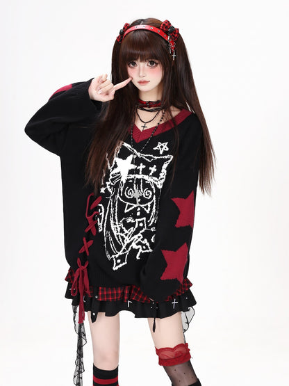 CRAZYGIRL Gothic Lace Up V-neck Long Sleeve Knit Loose Women&