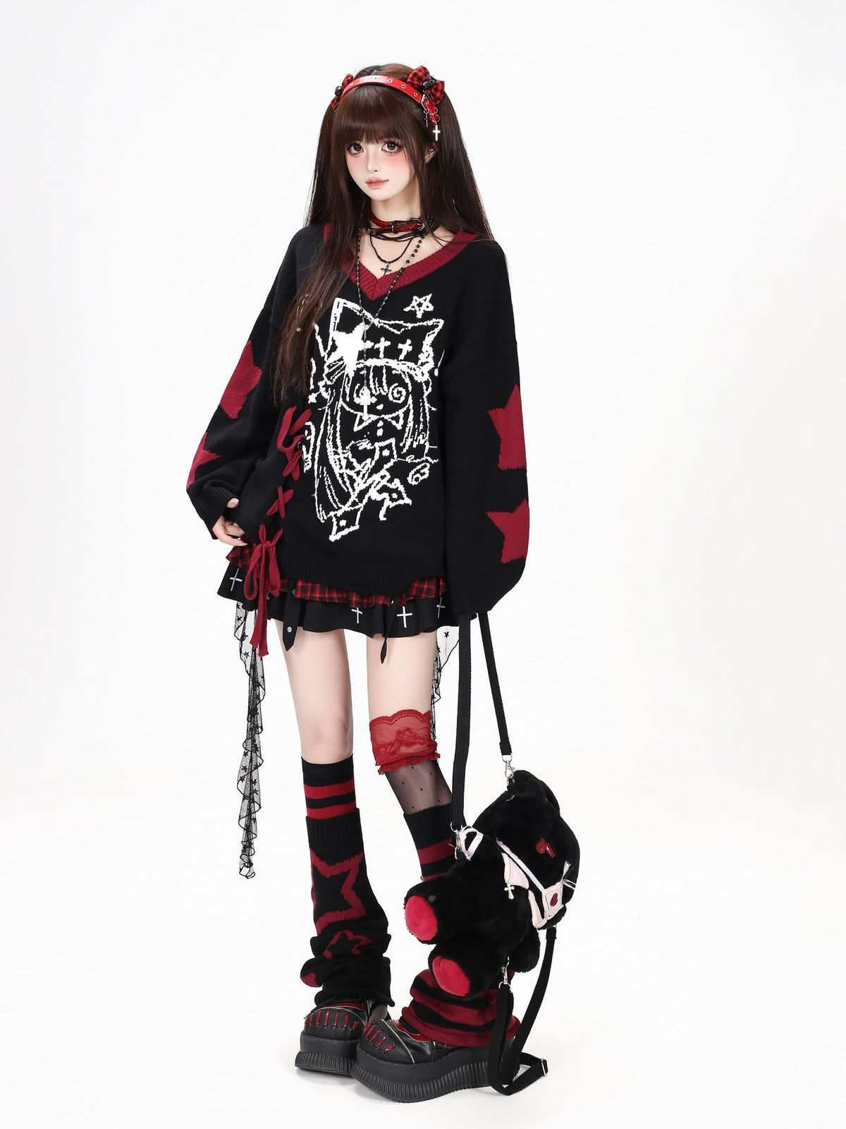 CRAZYGIRL Gothic Lace Up V-neck Long Sleeve Knit Loose Women&