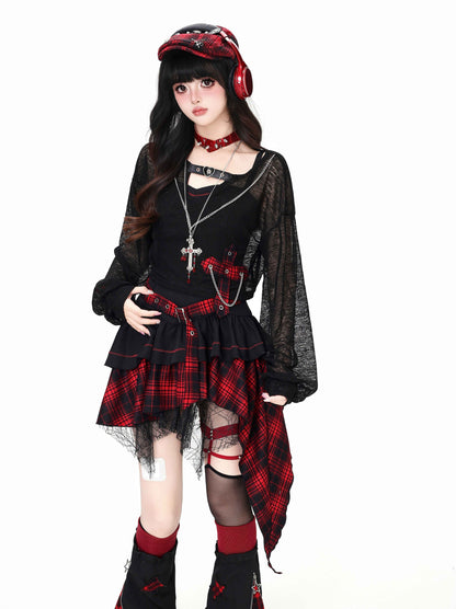 CRAZYGIRL_Gothic_Plaid_Irregular_Slim_Fit_Long_Sleeve_Sheer_Women&