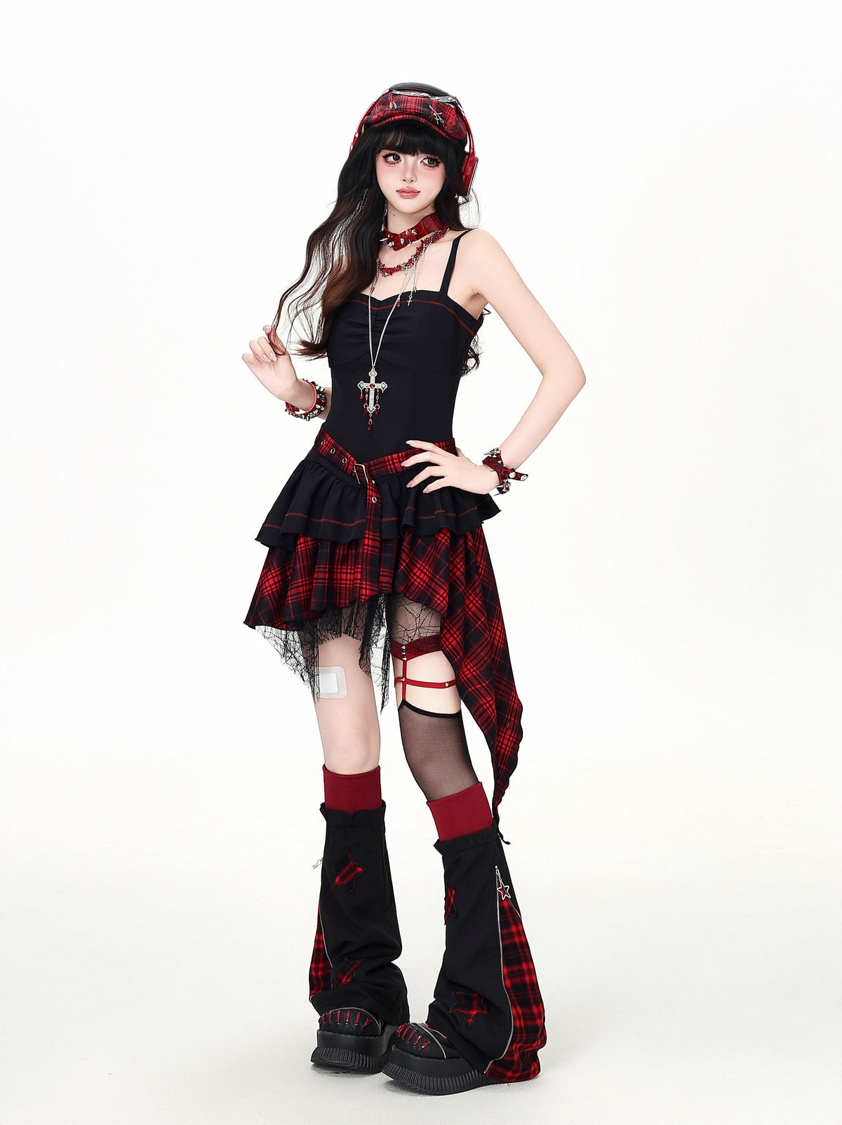 CRAZYGIRL_Gothic_Plaid_Irregular_Slim_Fit_Long_Sleeve_Sheer_Women&