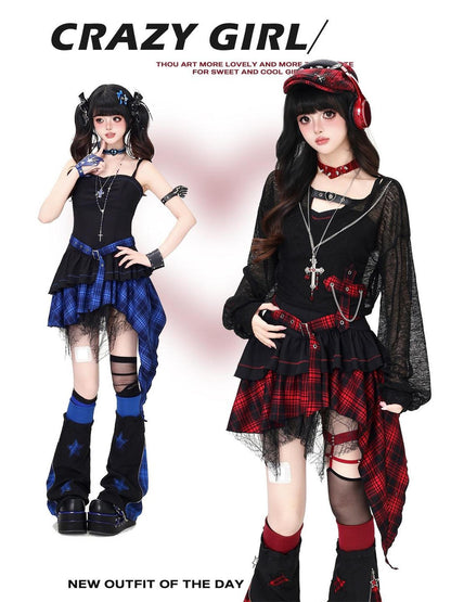 CRAZYGIRL Gothic Plaid Irregular Slim Fit Long Sleeve Sheer Women&