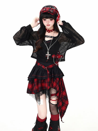 CRAZYGIRL Gothic Plaid Irregular Slim Fit Long Sleeve Sheer Women&