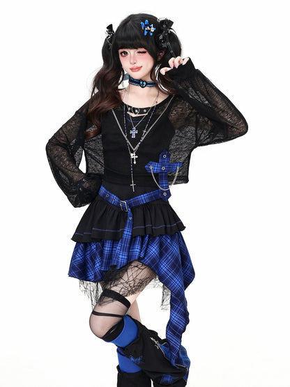 CRAZYGIRL Gothic Plaid Irregular Slim Fit Long Sleeve Sheer Women&