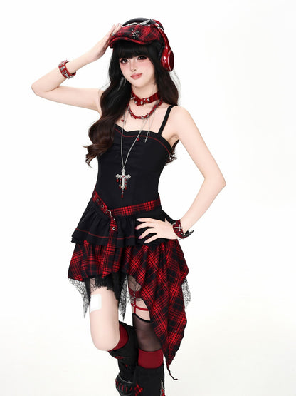 CRAZYGIRL Gothic Plaid Irregular Slim Fit Long Sleeve Sheer Women&