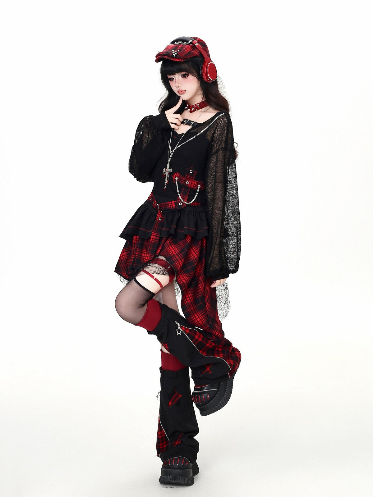 CRAZYGIRL Gothic Plaid Irregular Slim Fit Long Sleeve Sheer Women&