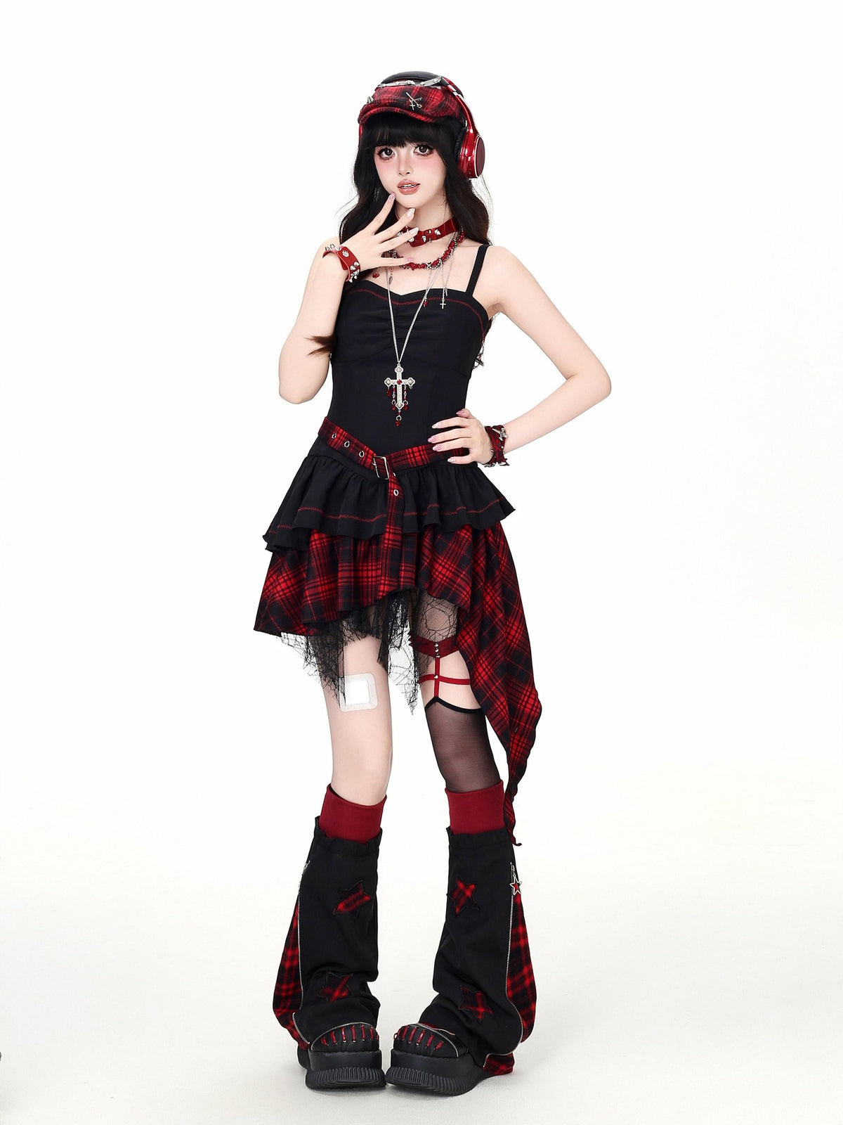 CRAZYGIRL Gothic Plaid Irregular Slim Fit Long Sleeve Sheer Women&
