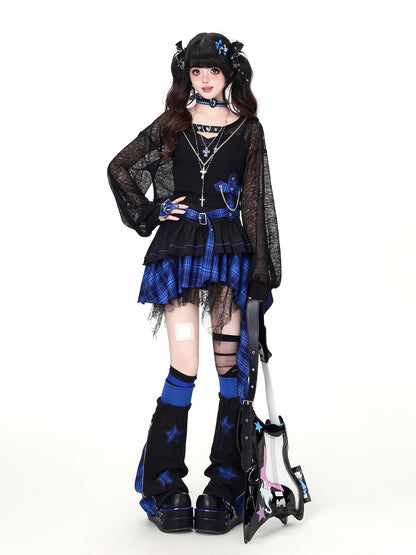 CRAZYGIRL Gothic Plaid Irregular Slim Fit Long Sleeve Sheer Women&