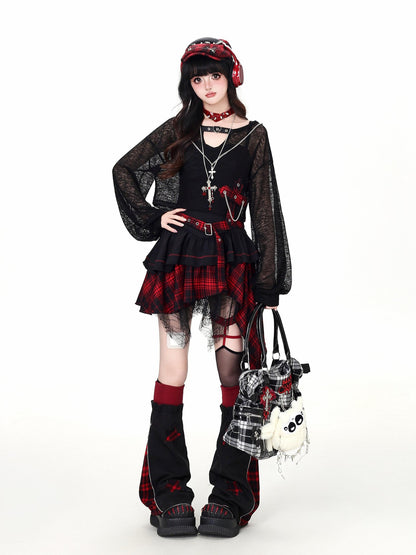 CRAZYGIRL Gothic Plaid Irregular Slim Fit Long Sleeve Sheer Women&