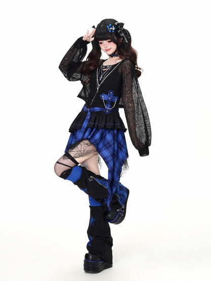CRAZYGIRL Gothic Plaid Irregular Slim Fit Long Sleeve Sheer Women&