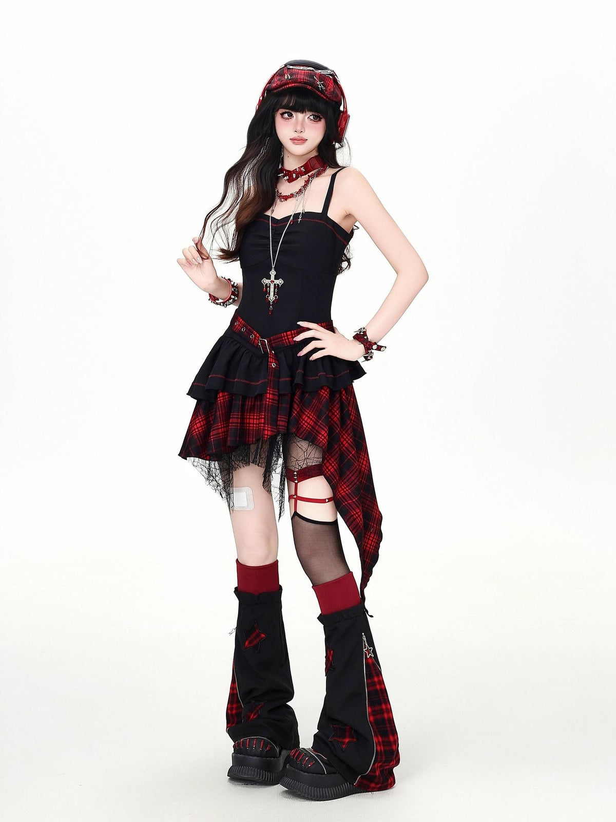 CRAZYGIRL Gothic Plaid Irregular Slim Fit Long Sleeve Sheer Women&