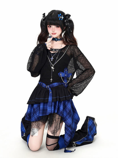CRAZYGIRL Gothic Plaid Irregular Slim Fit Long Sleeve Sheer Women&