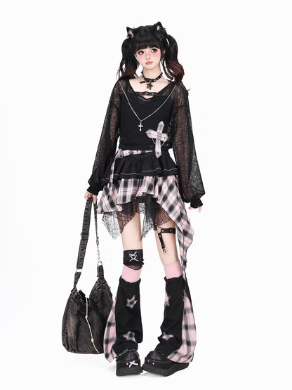 CRAZYGIRL Gothic Plaid Irregular Slim Fit Long Sleeve Sheer Women&