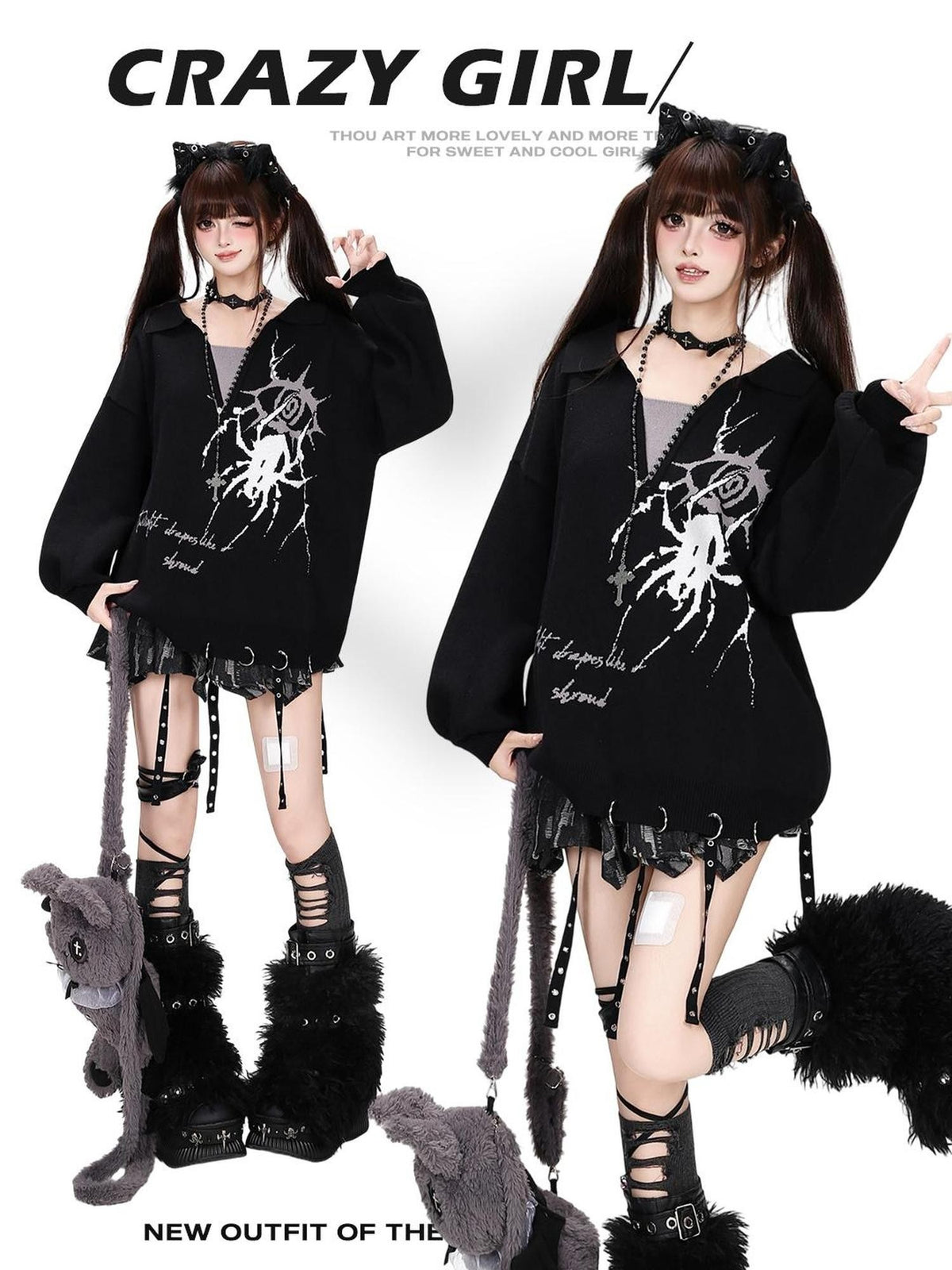 CRAZYGIRL Gothic Spider Eye Print Loose Long Sleeve Knit Women&