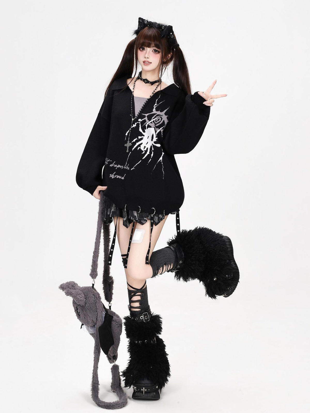 CRAZYGIRL Gothic Spider Eye Print Loose Long Sleeve Knit Women&