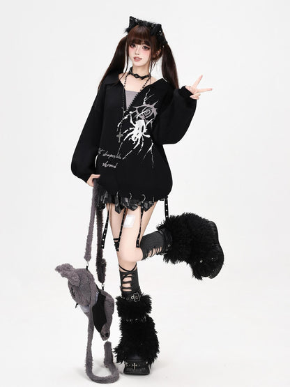 CRAZYGIRL Gothic Spider Eye Print Loose Long Sleeve Knit Women&
