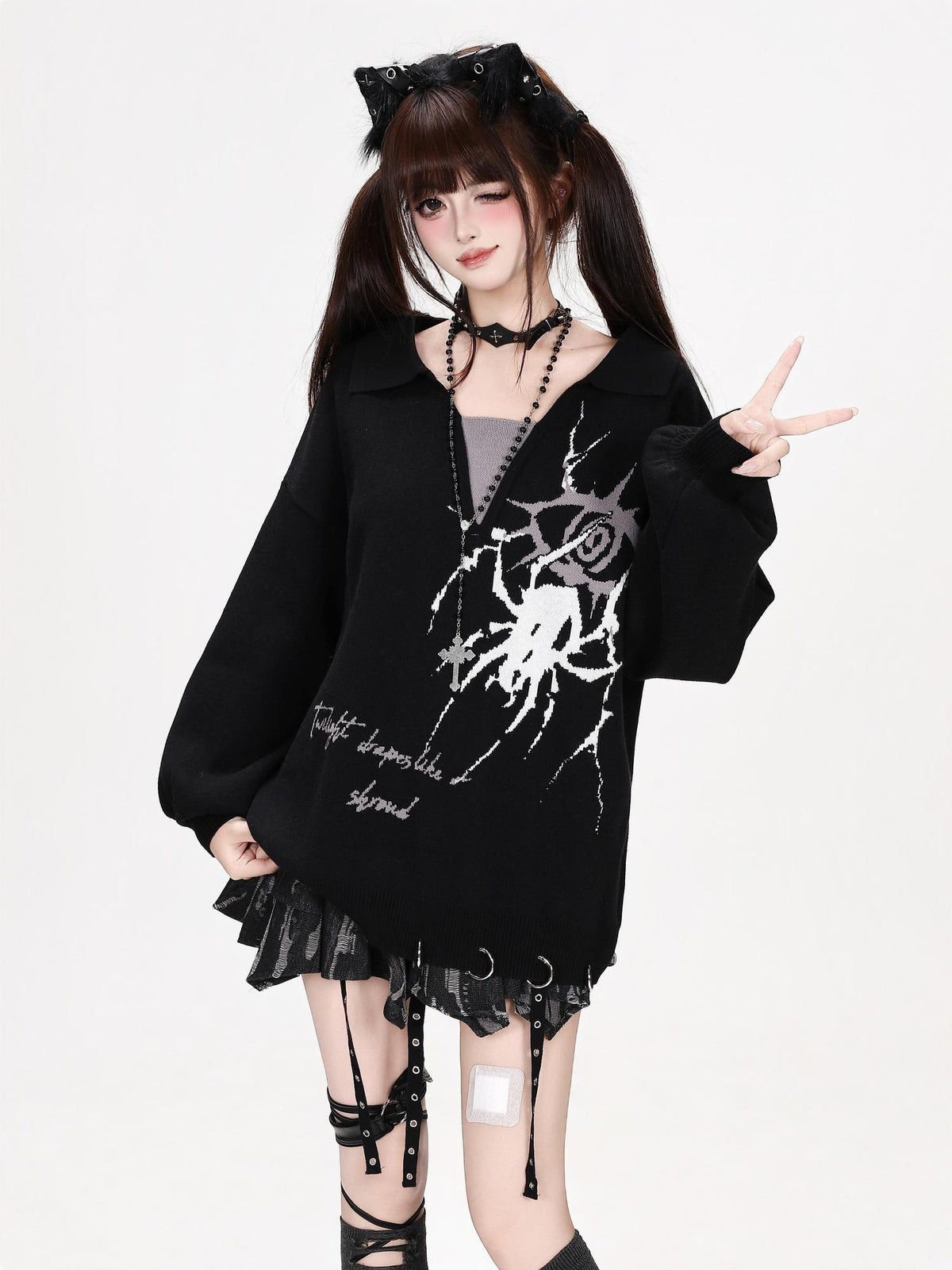 CRAZYGIRL Gothic Spider Eye Print Loose Long Sleeve Knit Women&