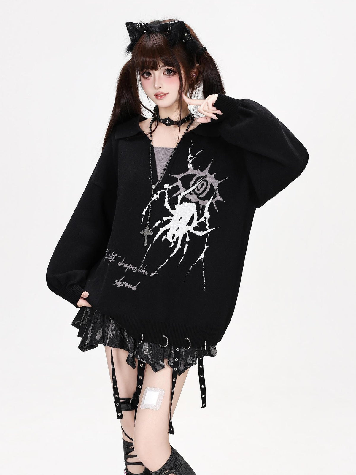 CRAZYGIRL Gothic Spider Eye Print Loose Long Sleeve Knit Women&