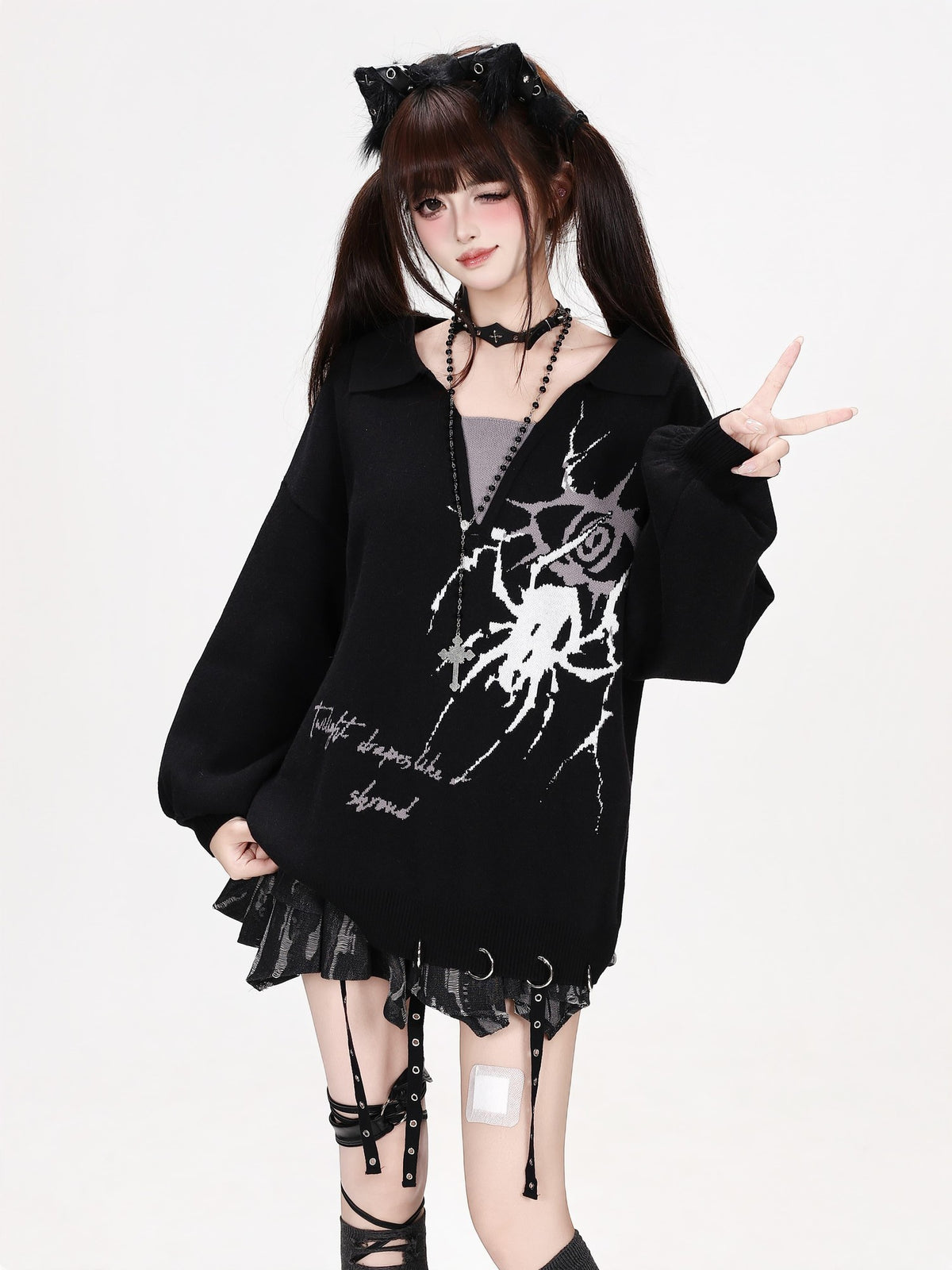 CRAZYGIRL Gothic Spider Eye Print Loose Long Sleeve Knit Women&