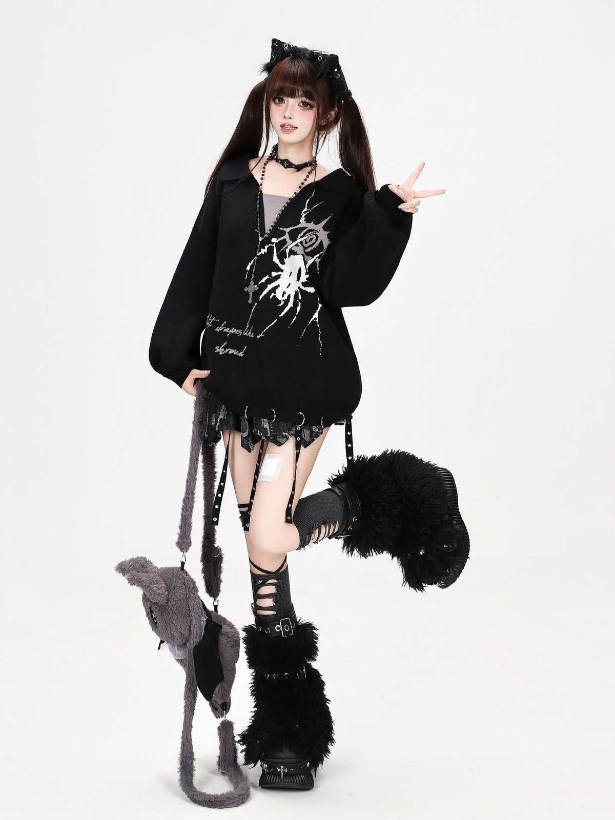 CRAZYGIRL Gothic Spider Eye Print Loose Long Sleeve Knit Women&
