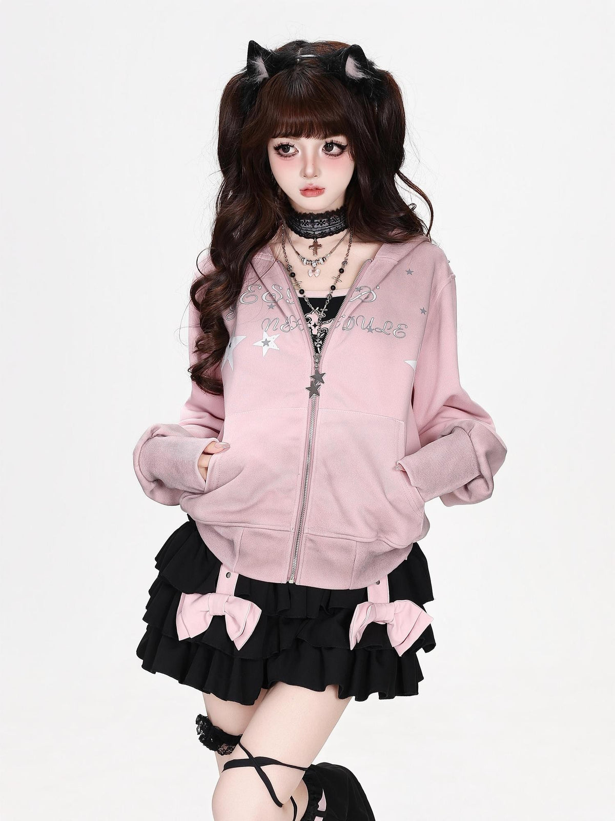 CRAZYGIRL Gradient Star Print Hooded Zip Up Women&