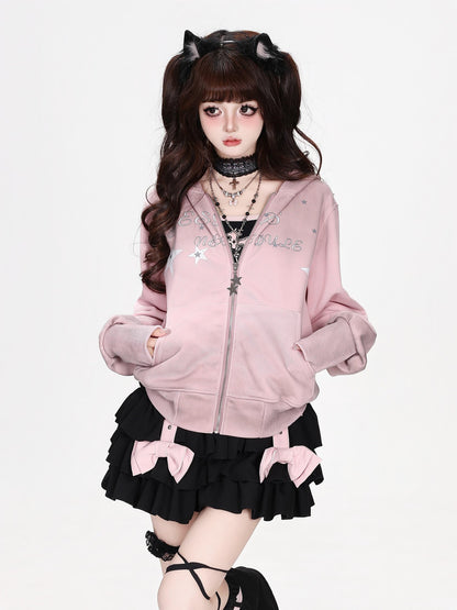 CRAZYGIRL Gradient Star Print Hooded Zip Up Women&