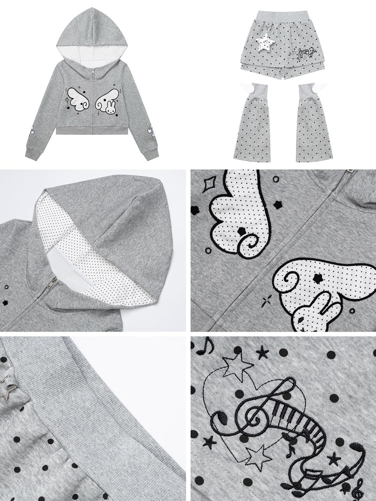 CRAZYGIRL Gray Polka Dot Butterfly Wing Hooded Short Loose Women&