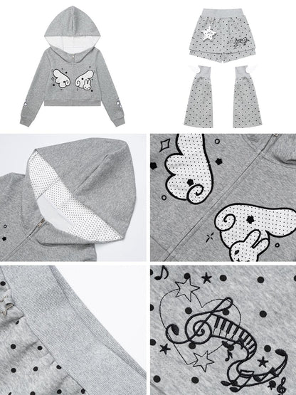 CRAZYGIRL Gray Polka Dot Butterfly Wing Hooded Short Loose Women&