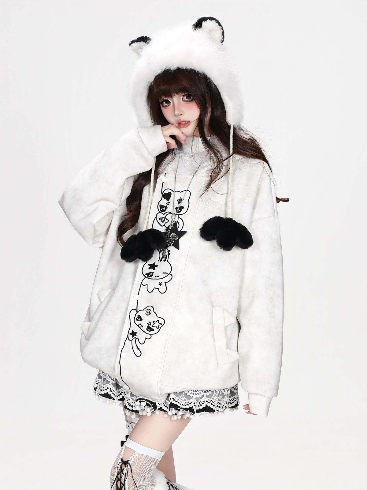 CRAZYGIRL_Grey_White_Tie_Dye_Cartoon_Embroidered_Faux_Fur_Hooded_Loose_Women&