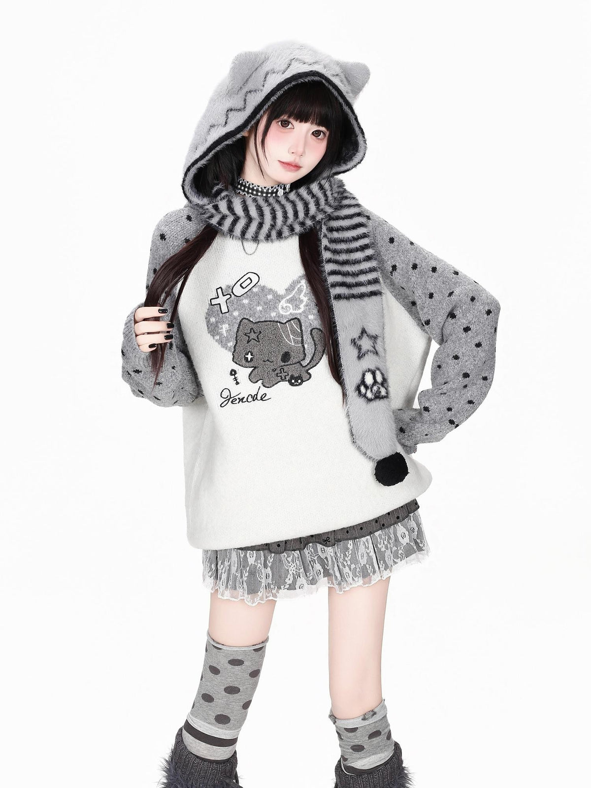 CRAZYGIRL Heart Cat Ear Color Block Polka Dot Patchwork Loose Women&