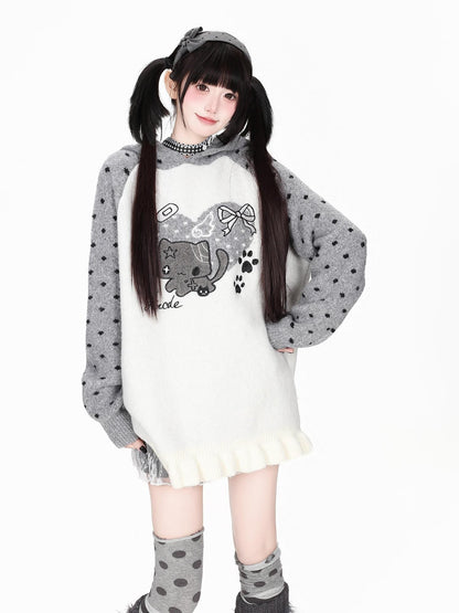 CRAZYGIRL Heart Cat Ear Color Block Polka Dot Patchwork Loose Women&