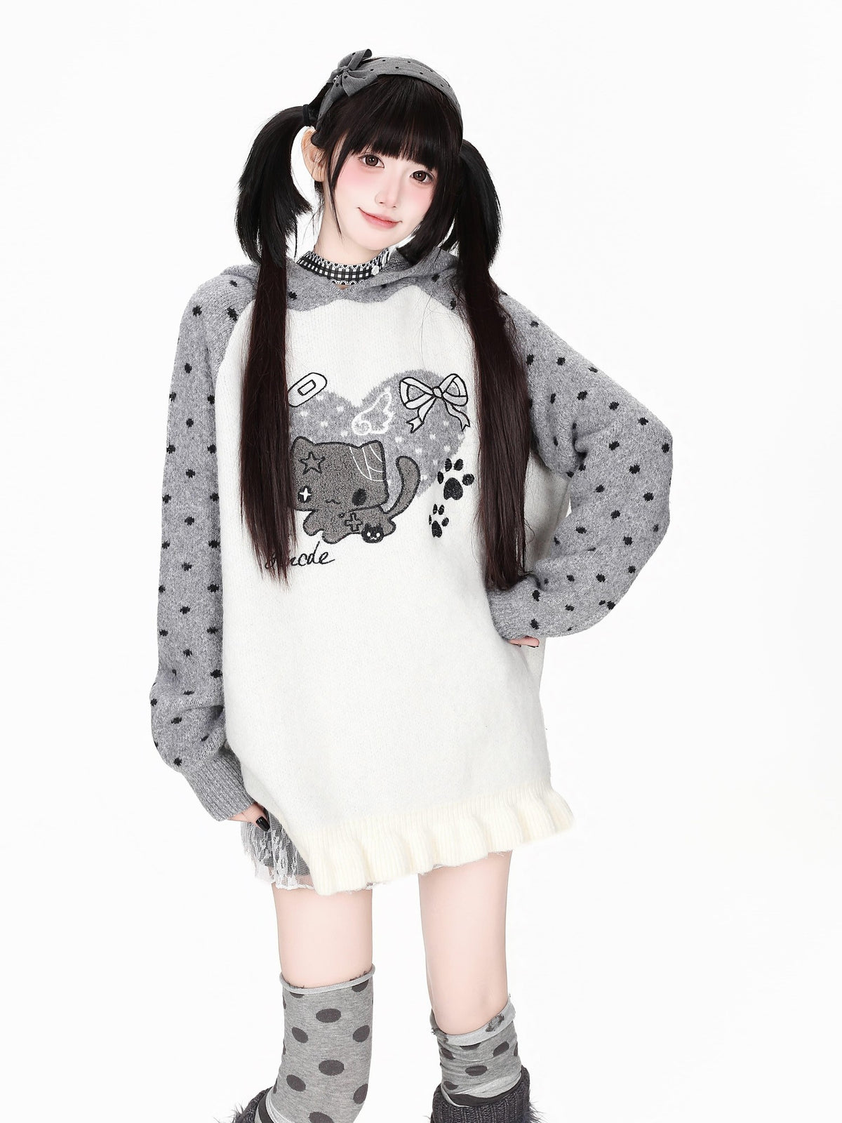 CRAZYGIRL Heart Cat Ear Color Block Polka Dot Patchwork Loose Women&